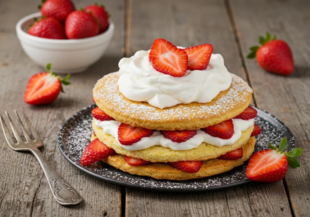 Delicious Strawberry Shortcake topped with whipped cream and fresh strawberry slices.