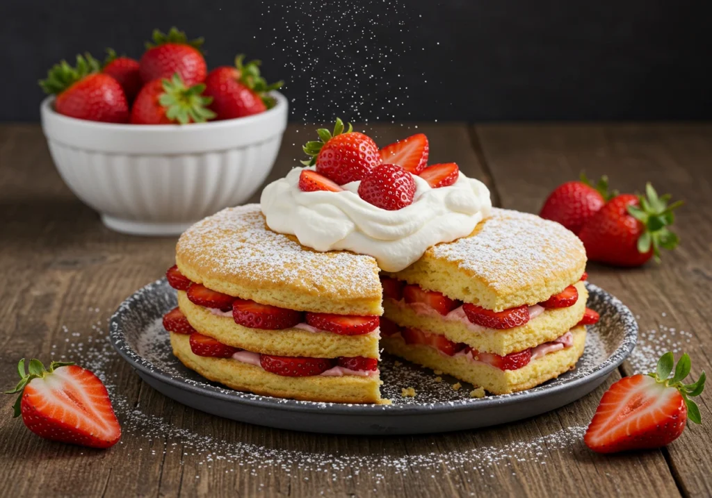 Easy Strawberry Shortcake recipe with golden cake layers and juicy strawberries.