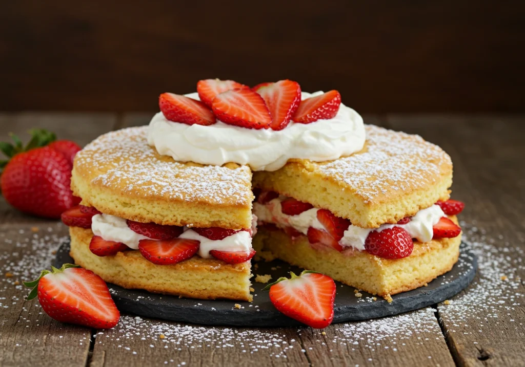 Classic Strawberry Shortcake dessert on a rustic table, perfect for summer gatherings.