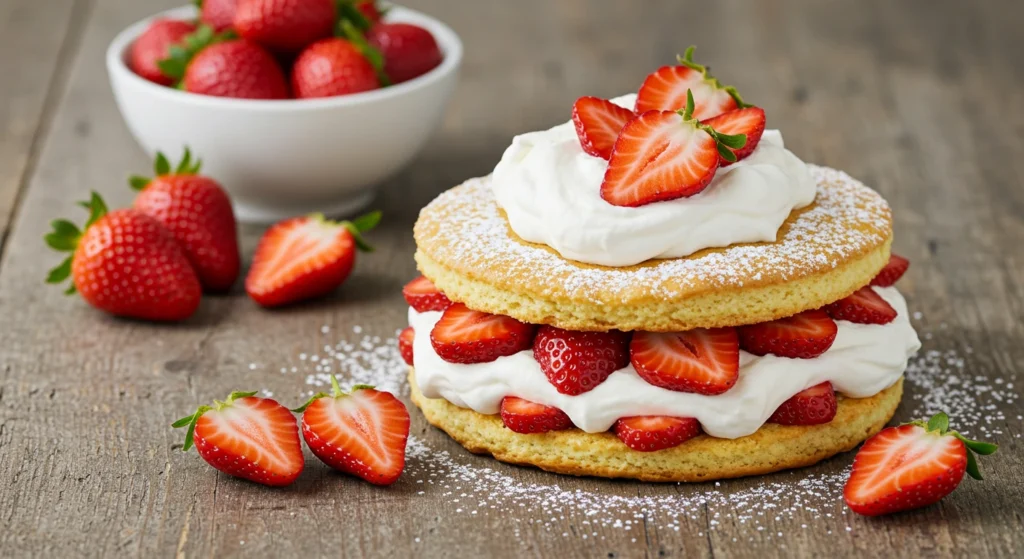 Homemade Strawberry Shortcake with fluffy cake, fresh strawberries, and whipped cream.