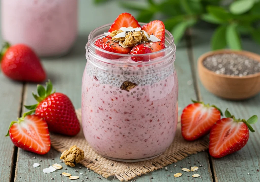 Creamy strawberry chia pudding in a glass jar topped with fresh strawberries and granola.