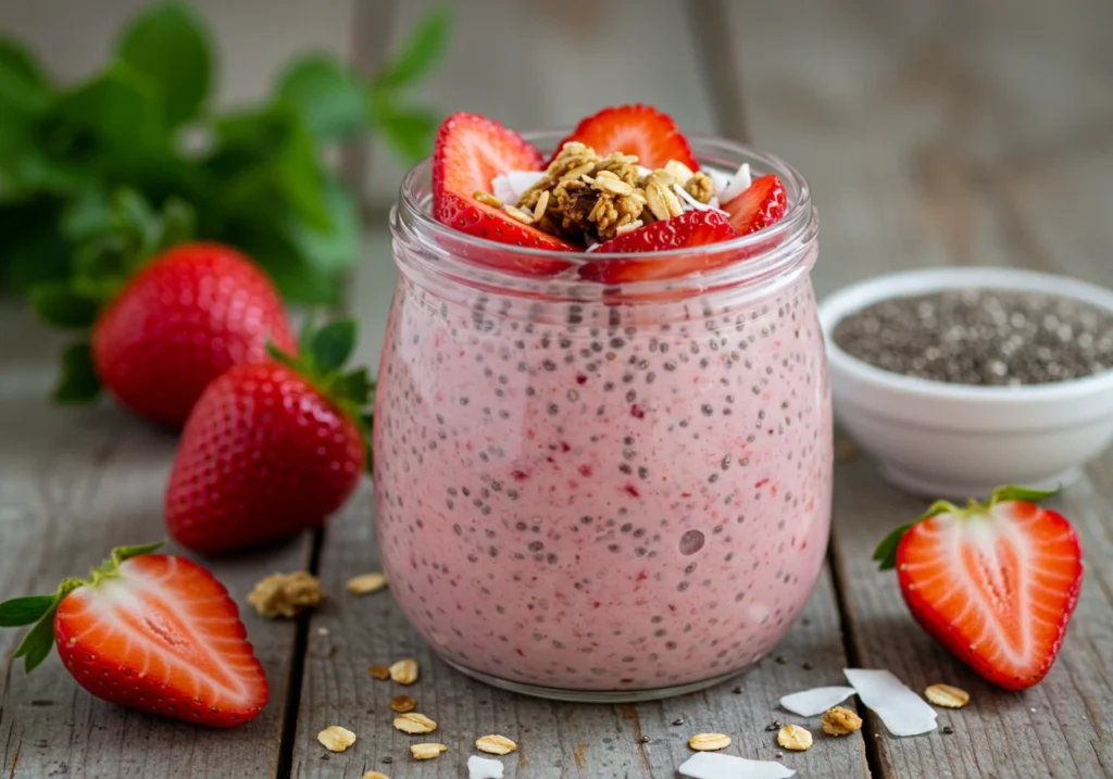 Vegan and gluten-free strawberry chia pudding topped with coconut flakes and granola.