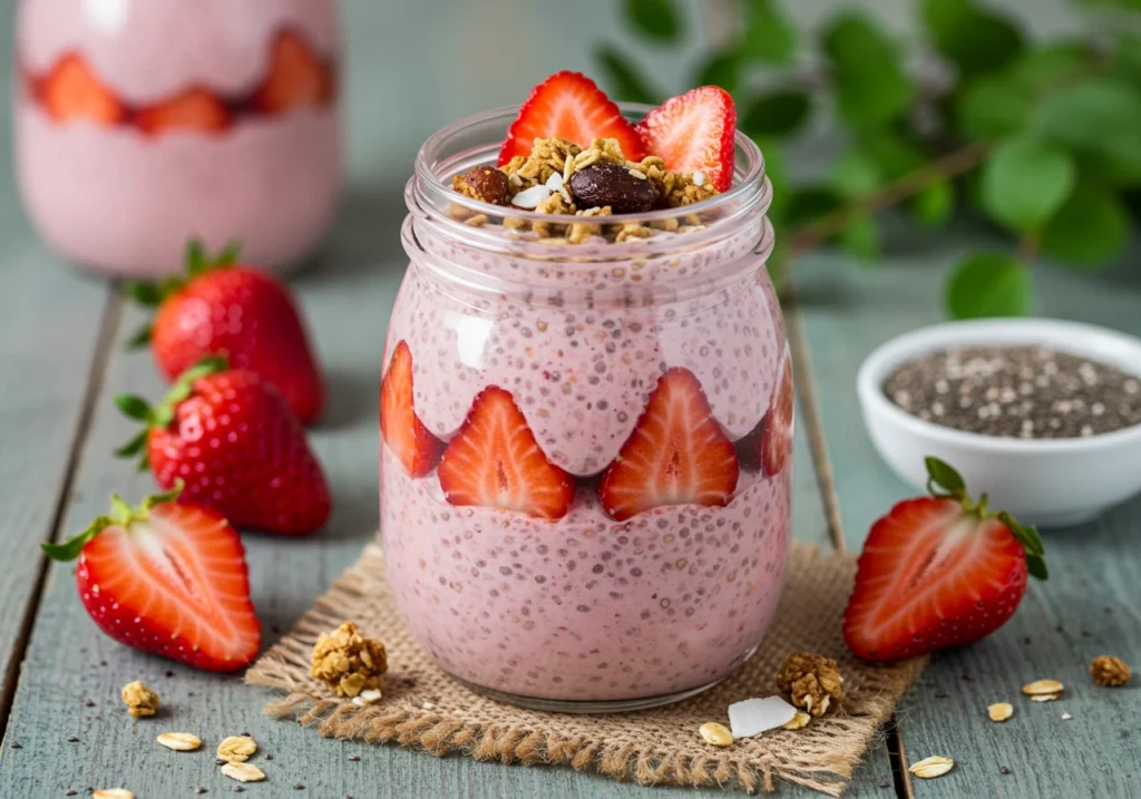 Easy no-cook strawberry chia pudding recipe with a creamy texture and fruity flavor.