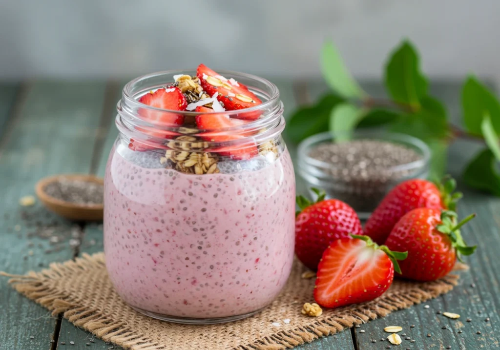 Healthy strawberry chia pudding with chia seeds, almond milk, and fresh strawberry slices.